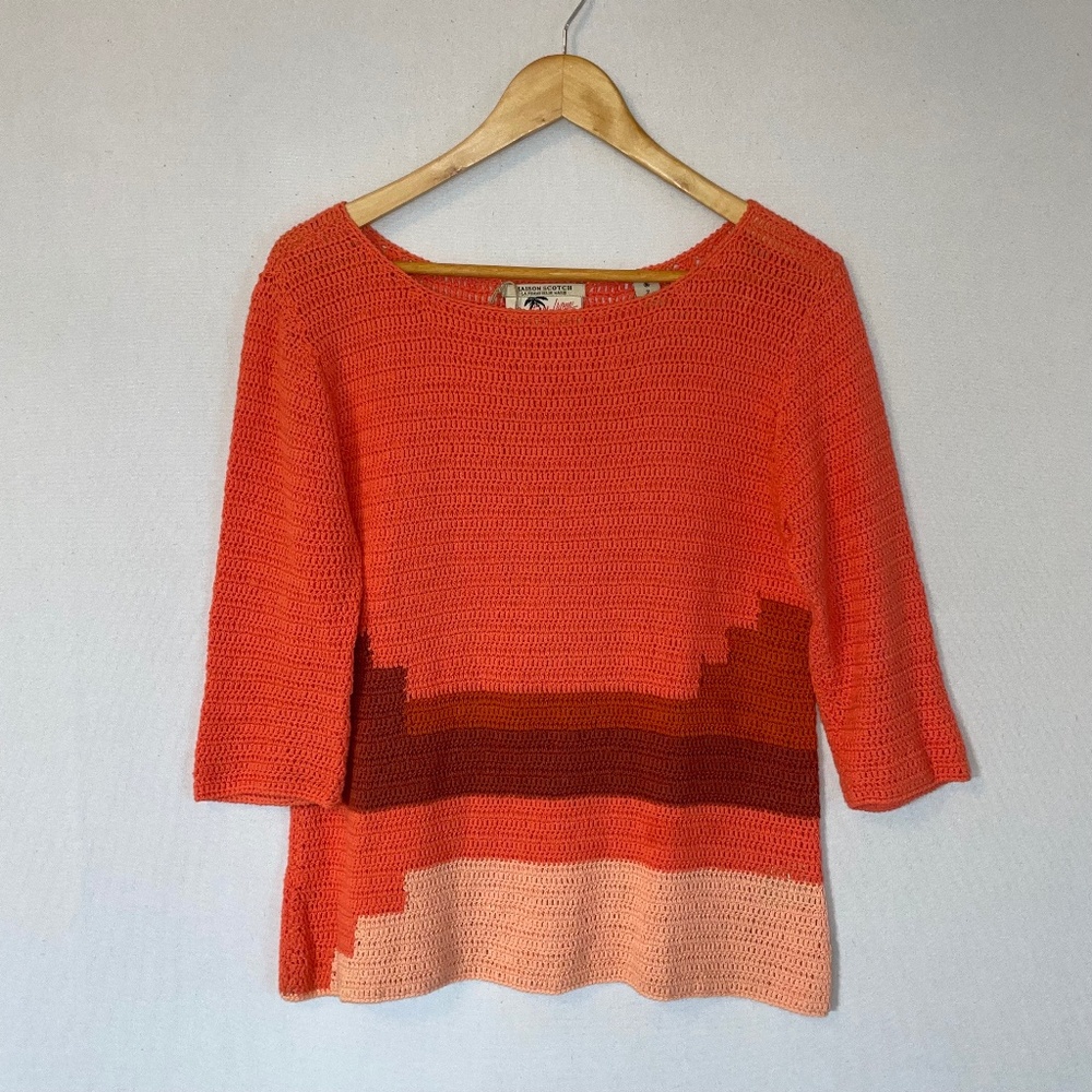 MAISON SCOTCH Size 2 US Medium Open Knit Boat Neck 3/4 Sleeve Sweater